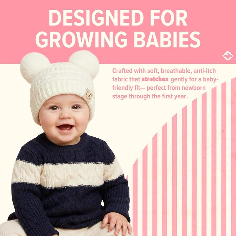 Funky Junque Double Pom Pom Baby Beanie – Newborn Girl Winter Hat 0–12 Months, Cute Cozy Knit Infant Beanies for Cold Weather - Image 2